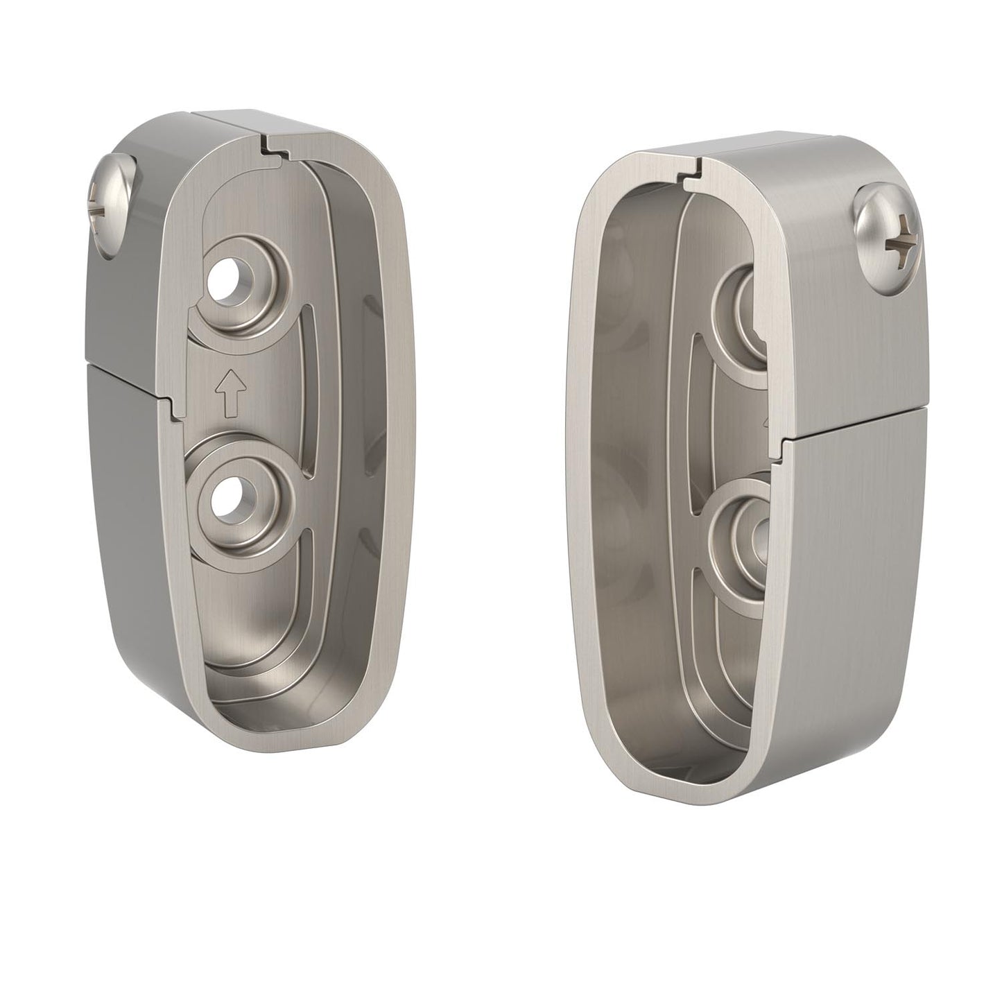 Two Delta Flannigan Replacement Collars in Satin Nickel on a white background