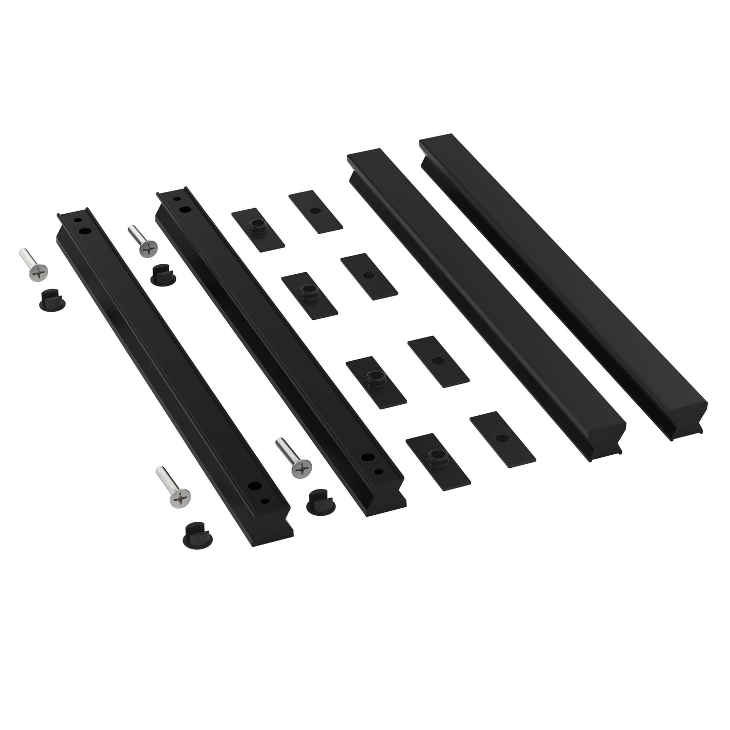 Set of black metal brackets and screws on a white background