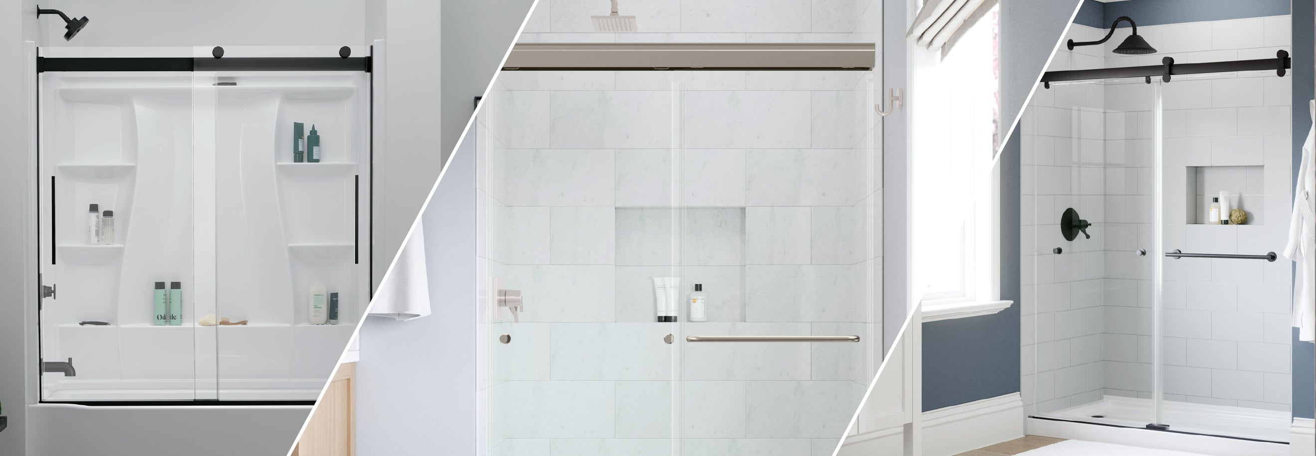 Three different views of a modern shower enclosure with glass doors.