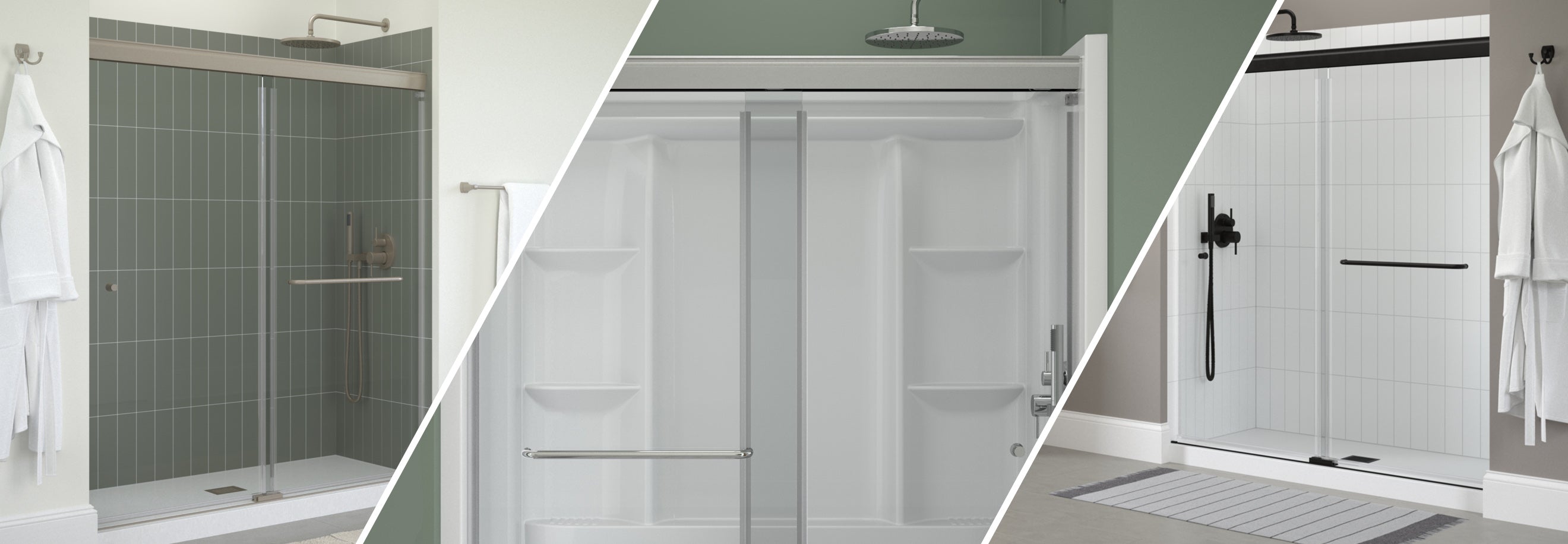 Three different views of a shower enclosure with sliding doors.