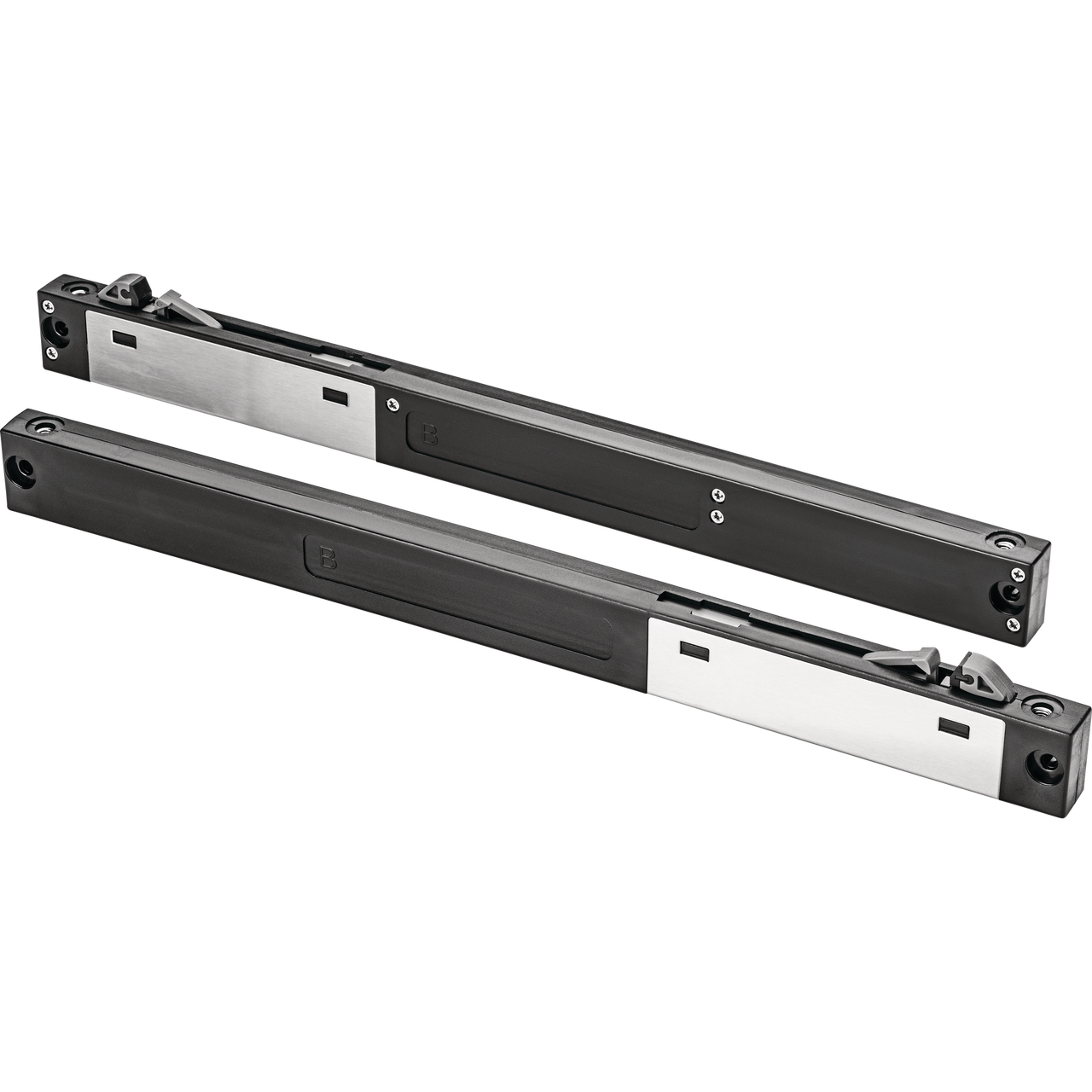 Two black replacement parts positioned parallel to each other against a white background.