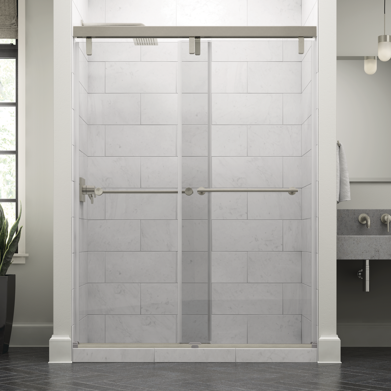 60" Shower / Clear / Delta Brushed Nickel