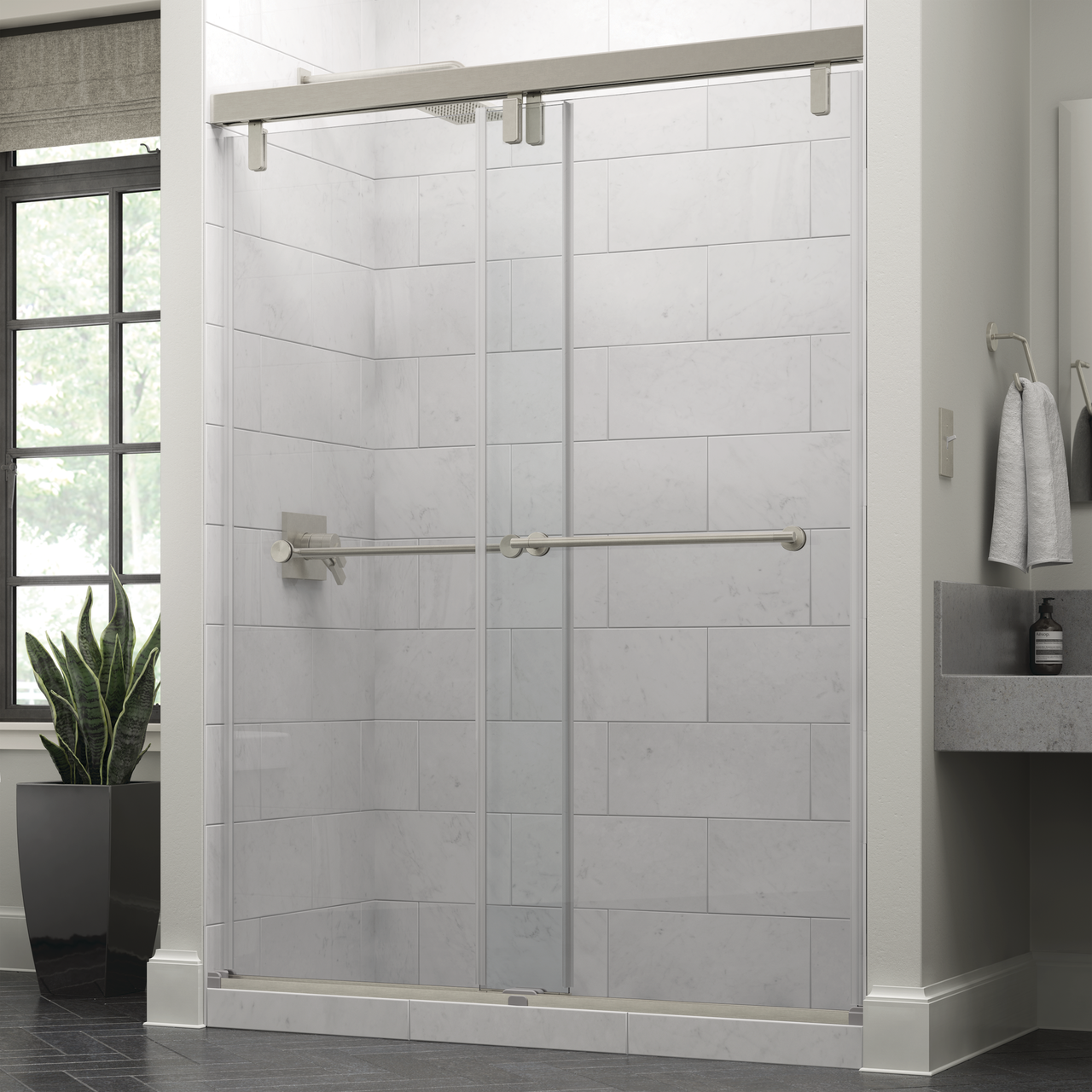 60" Shower / Clear / Delta Brushed Nickel