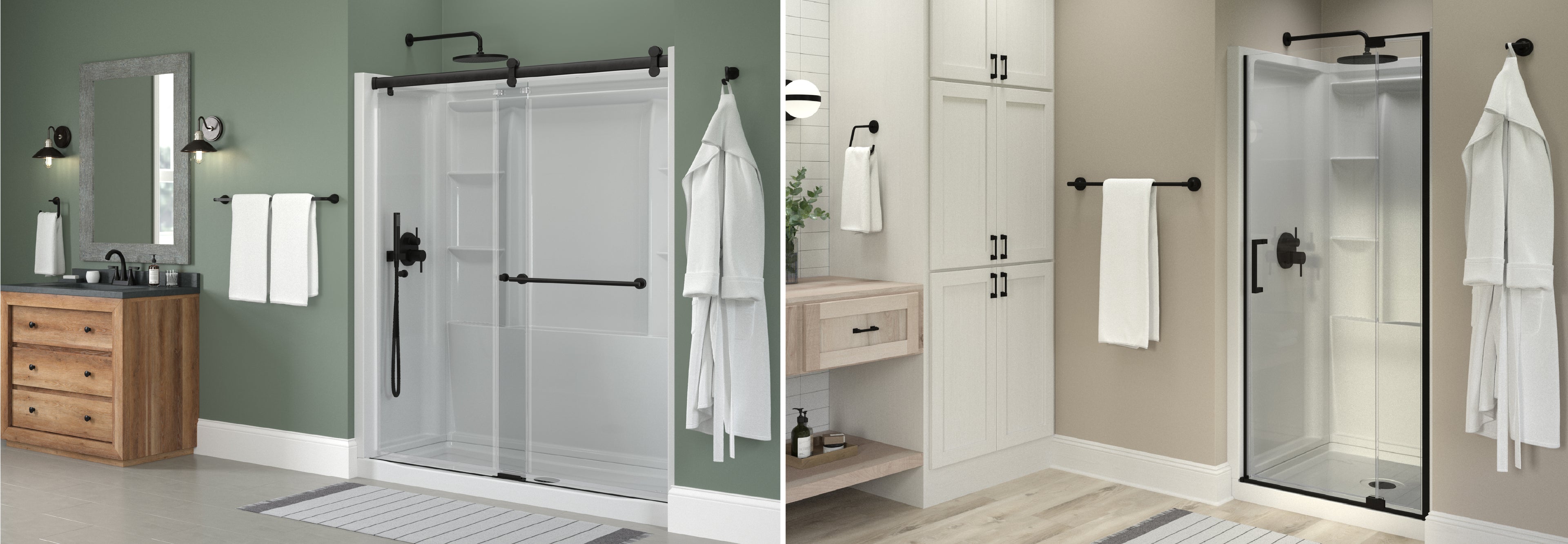 A side-by-side comparison of two modern walk-in shower doors installed in different bathroom settings. The left shower door is shown in a sage green bathroom with a wooden vanity, and the right shower door is shown in a beige bathroom with white cabinetry.
