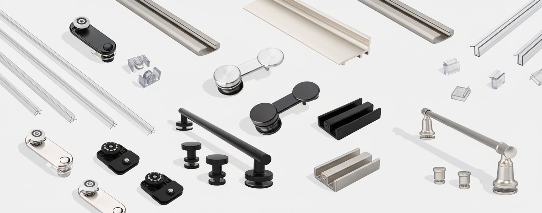 Collection of various metal shower door components on a white background