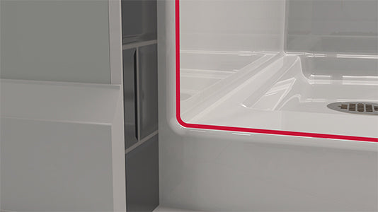 Corner of a shower enclosure with red accent line showing the radii