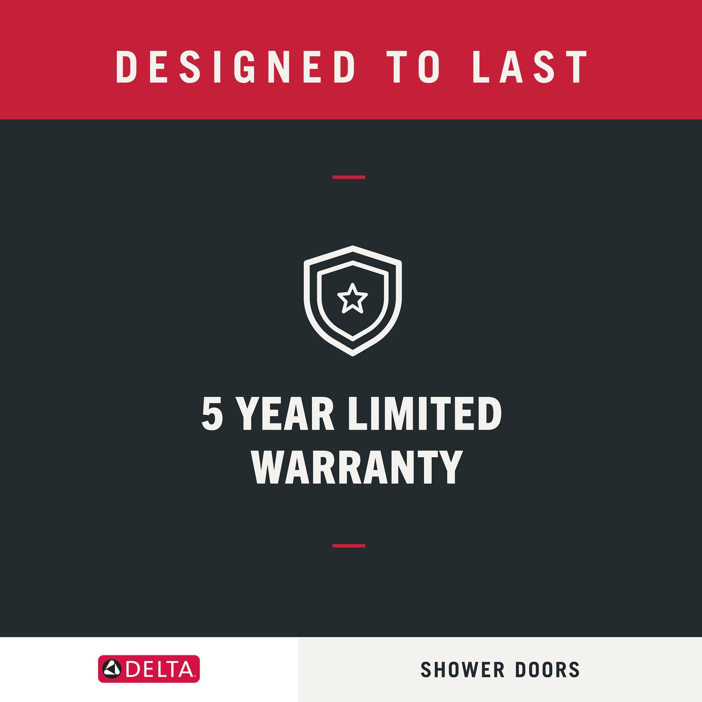 Advertisement for Delta shower doors with a 5-year limited warranty on a black and red background.