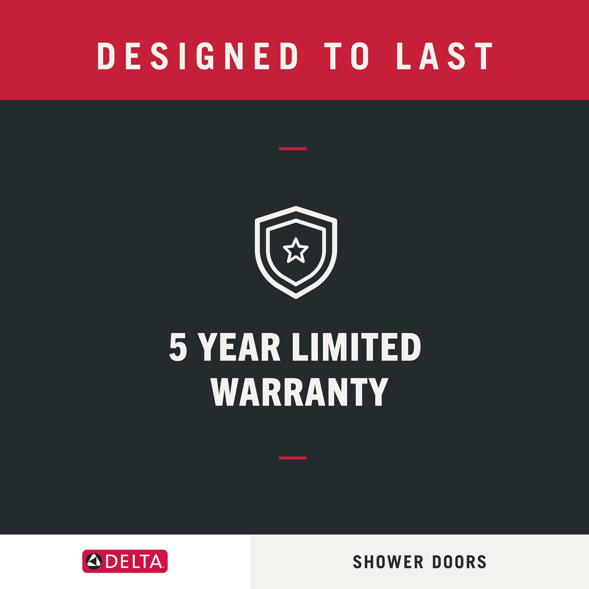 Advertisement for Delta shower doors with a 5-year limited warranty on a black and red background.