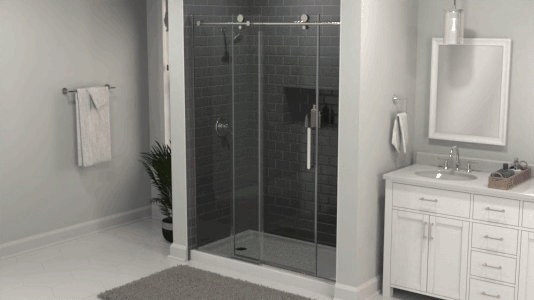 Animated gif highlighting a stationary fixed panel glass shower door 