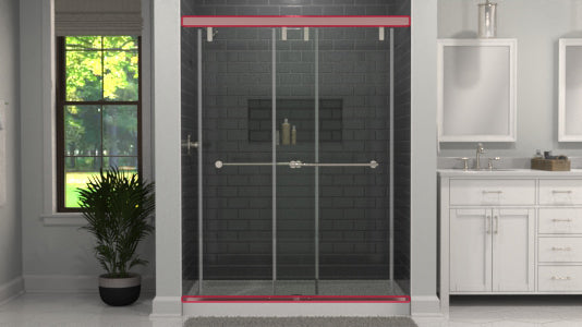 Bathroom with a frameless glass shower enclosure, plant, and vanity.