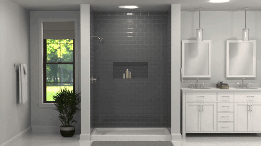 Walk-in shower enclosure rotating between plumb and out of plumb positioning