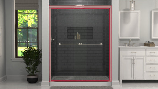 Bathroom with a semi-frameless walk-in shower enclosure, plant, and cabinets.