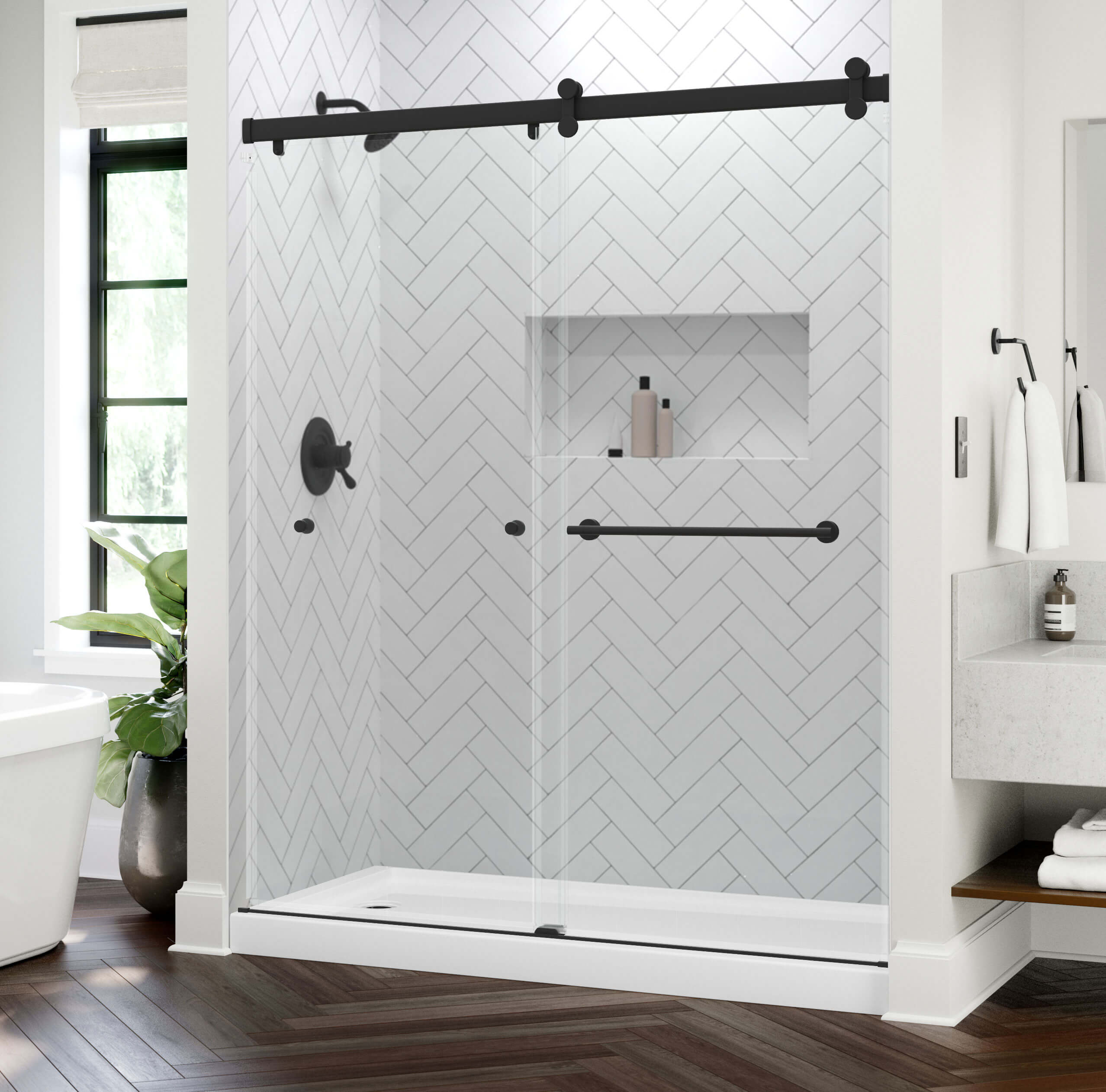 Modern Walk-In Shower in white bathroom