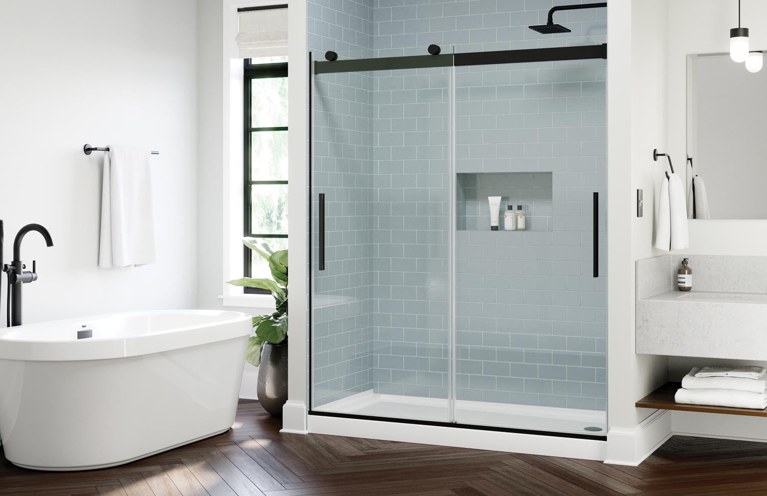 Modern white bathroom with black hardware on Sliding Shower Door
