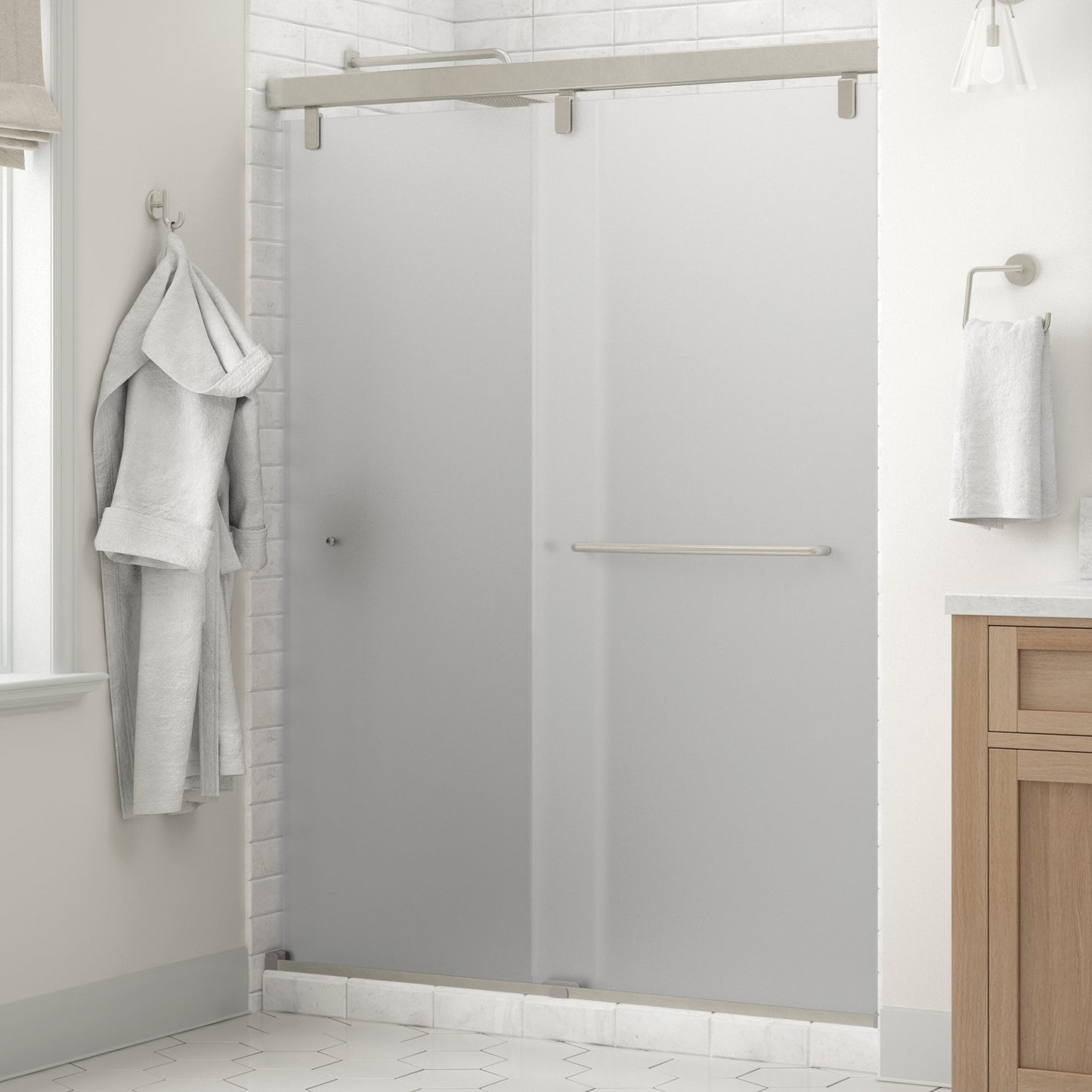 60" Shower / Frosted / Delta Brushed Nickel