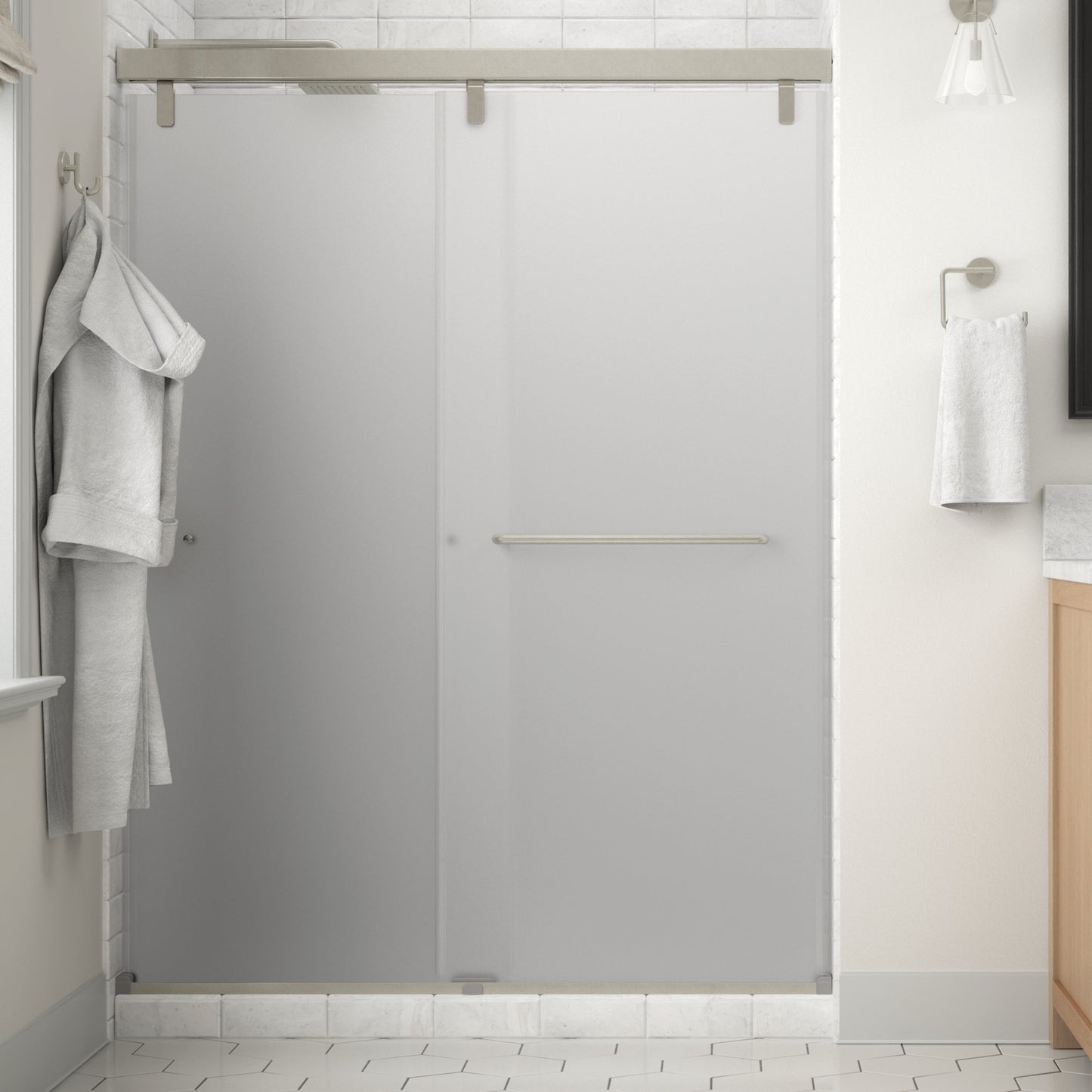 60" Shower / Frosted / Delta Brushed Nickel