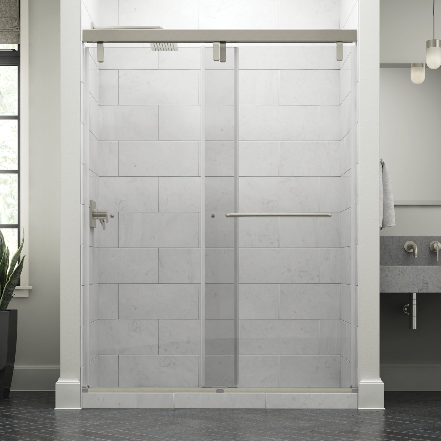 60" Shower / Clear / Delta Brushed Nickel