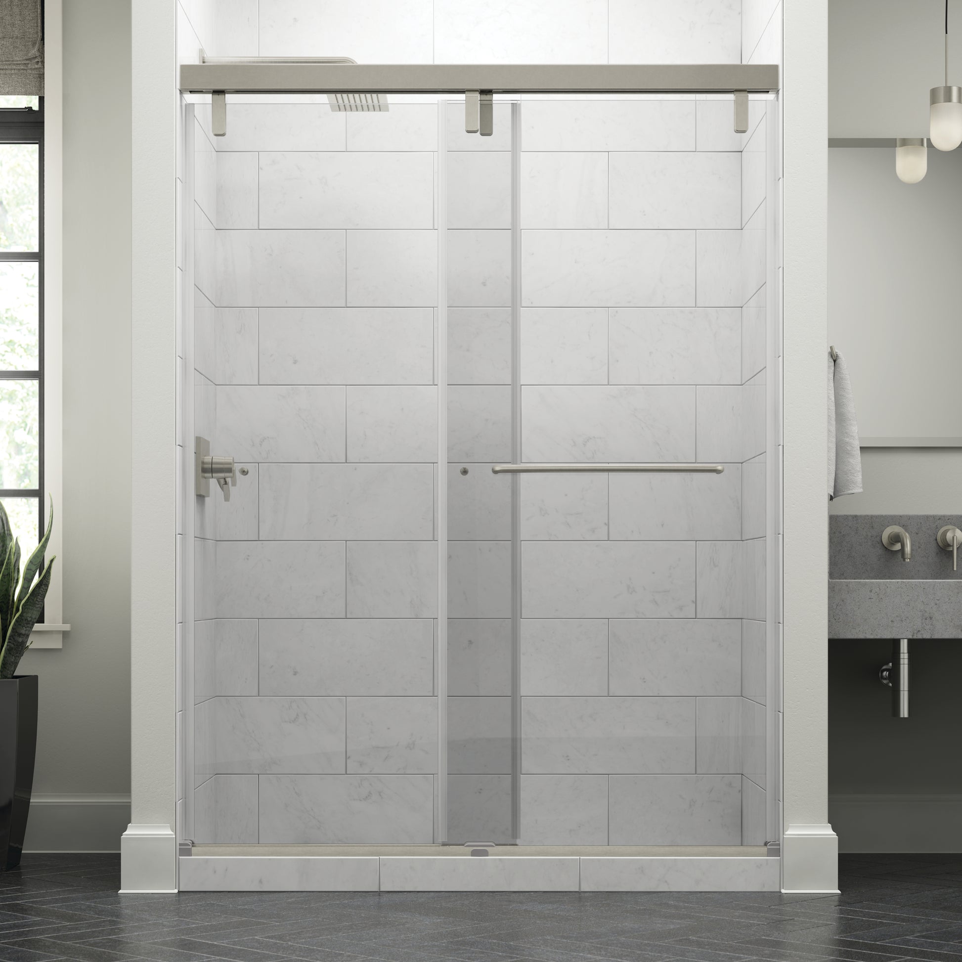 60" Shower / Clear / Delta Brushed Nickel