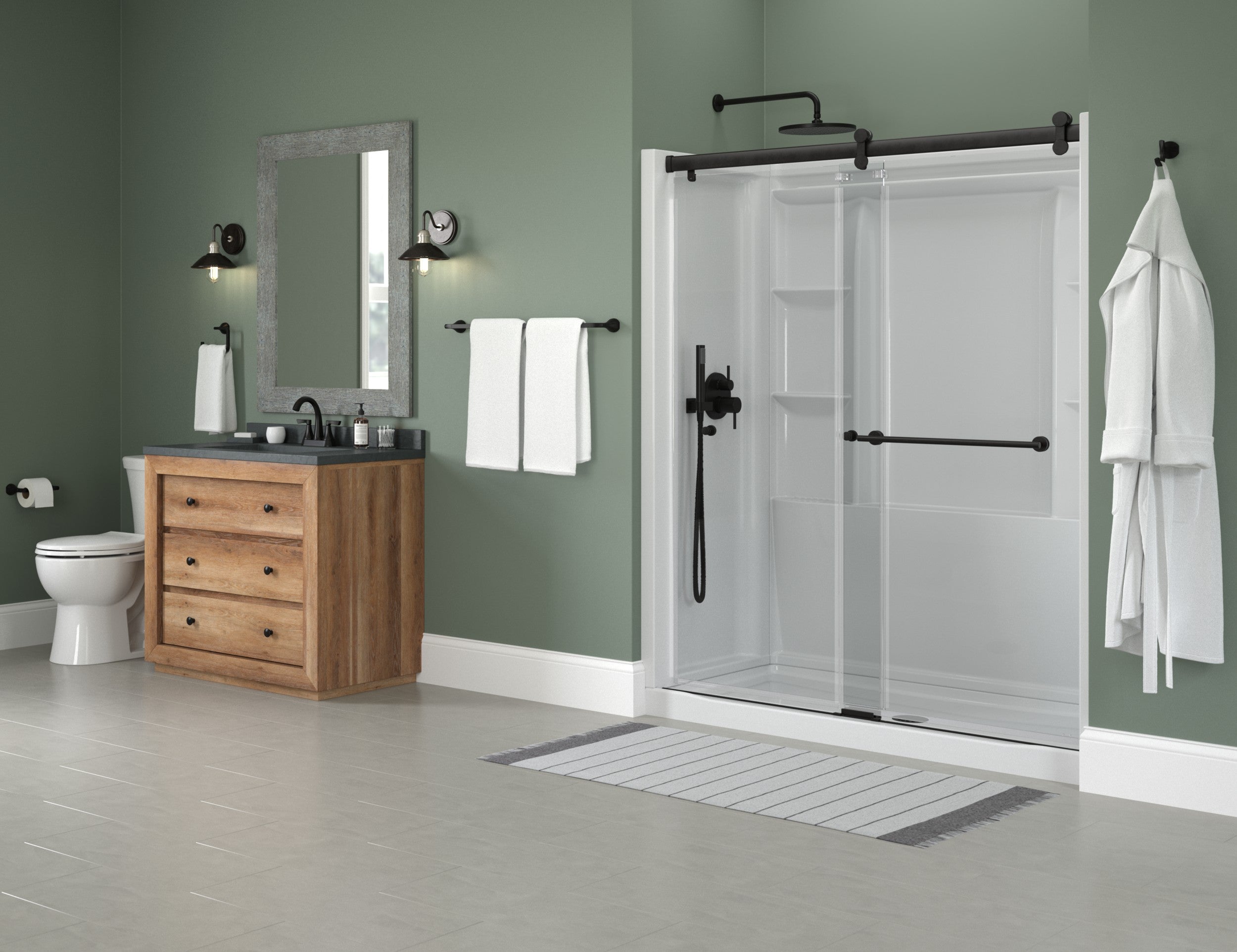 A modern bathroom scene showing a walk-in shower enclosure with clear glass doors and black hardware, alongside a wooden vanity, mirror, toilet, towels, and a white robe hanging on a wall hook.