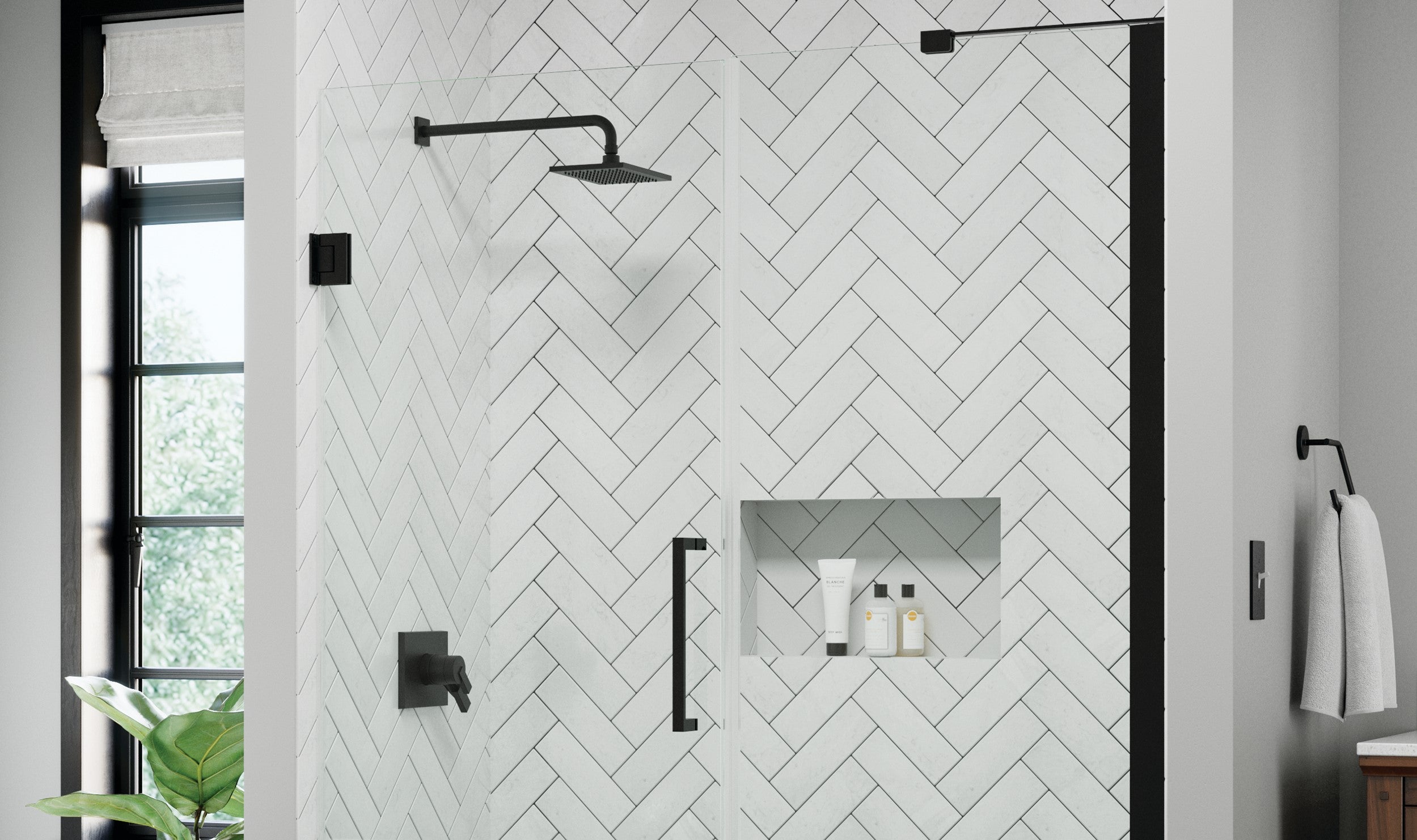Close up of Delta Bridger Shower Door System in Matte Black