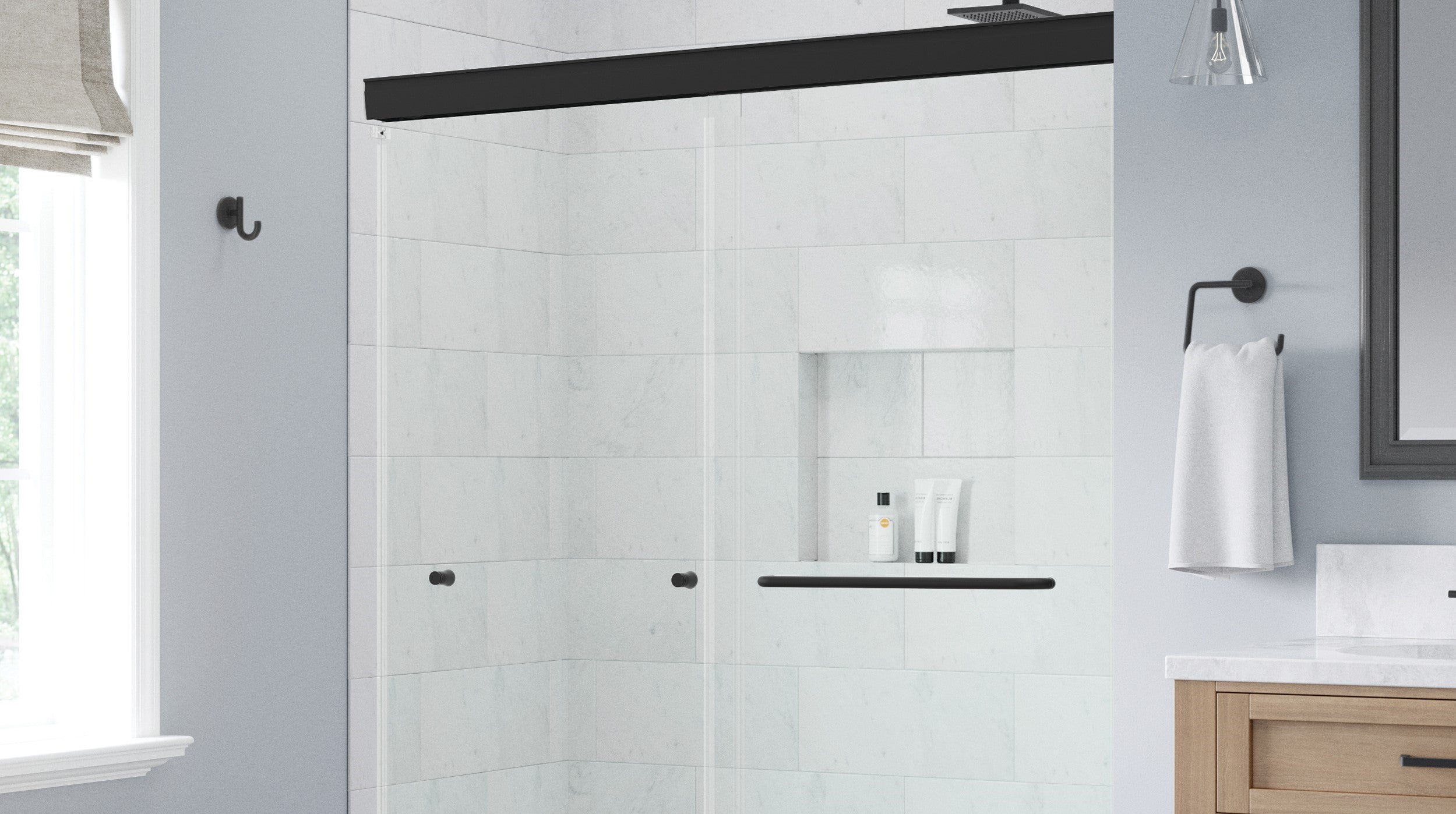 Close up of Delta Portwood Shower Door System