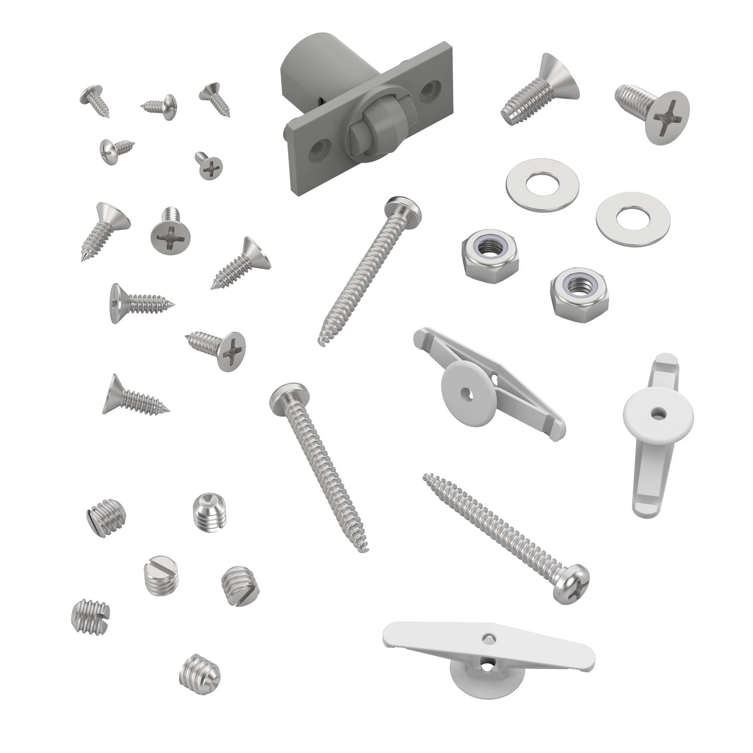 An assortment of shower door hardware replacement parts, including screws, bolts, and other components.