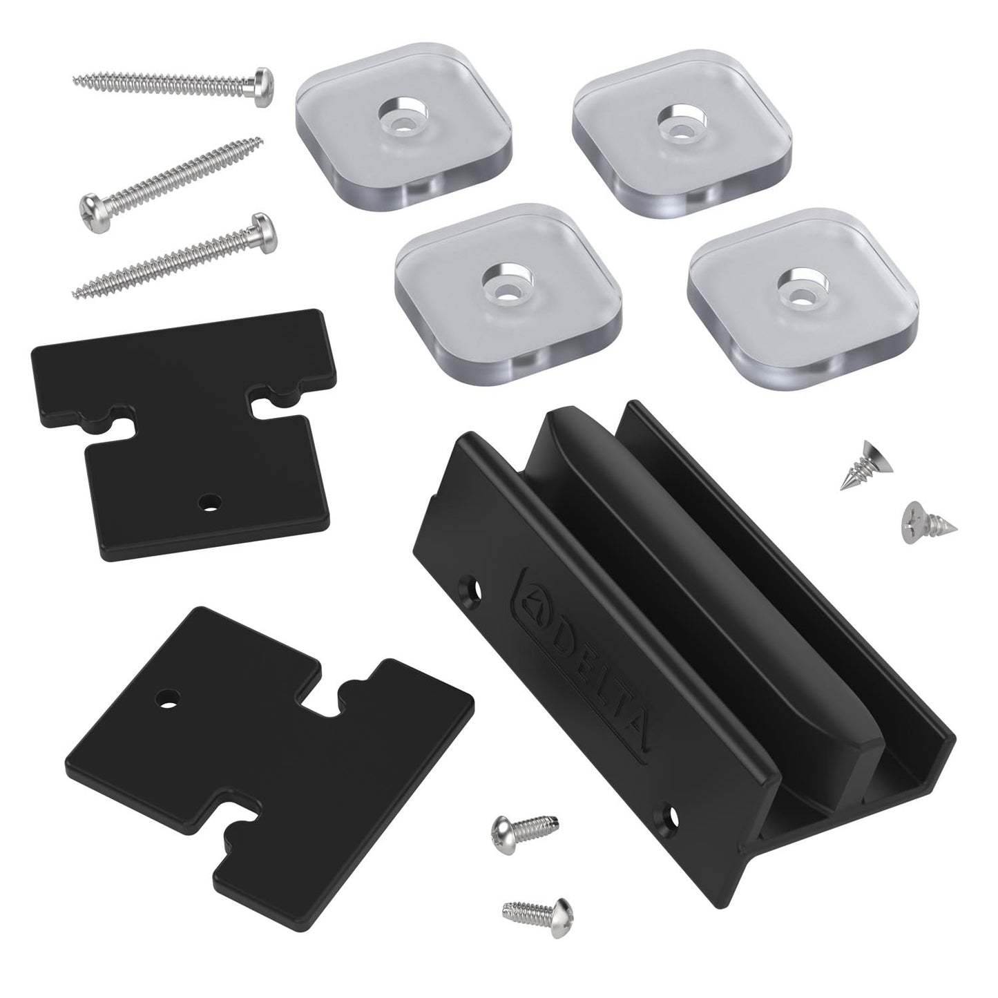 Assorted hardware pieces for shower door installation, including brackets, silver metal screws, and clear pieces