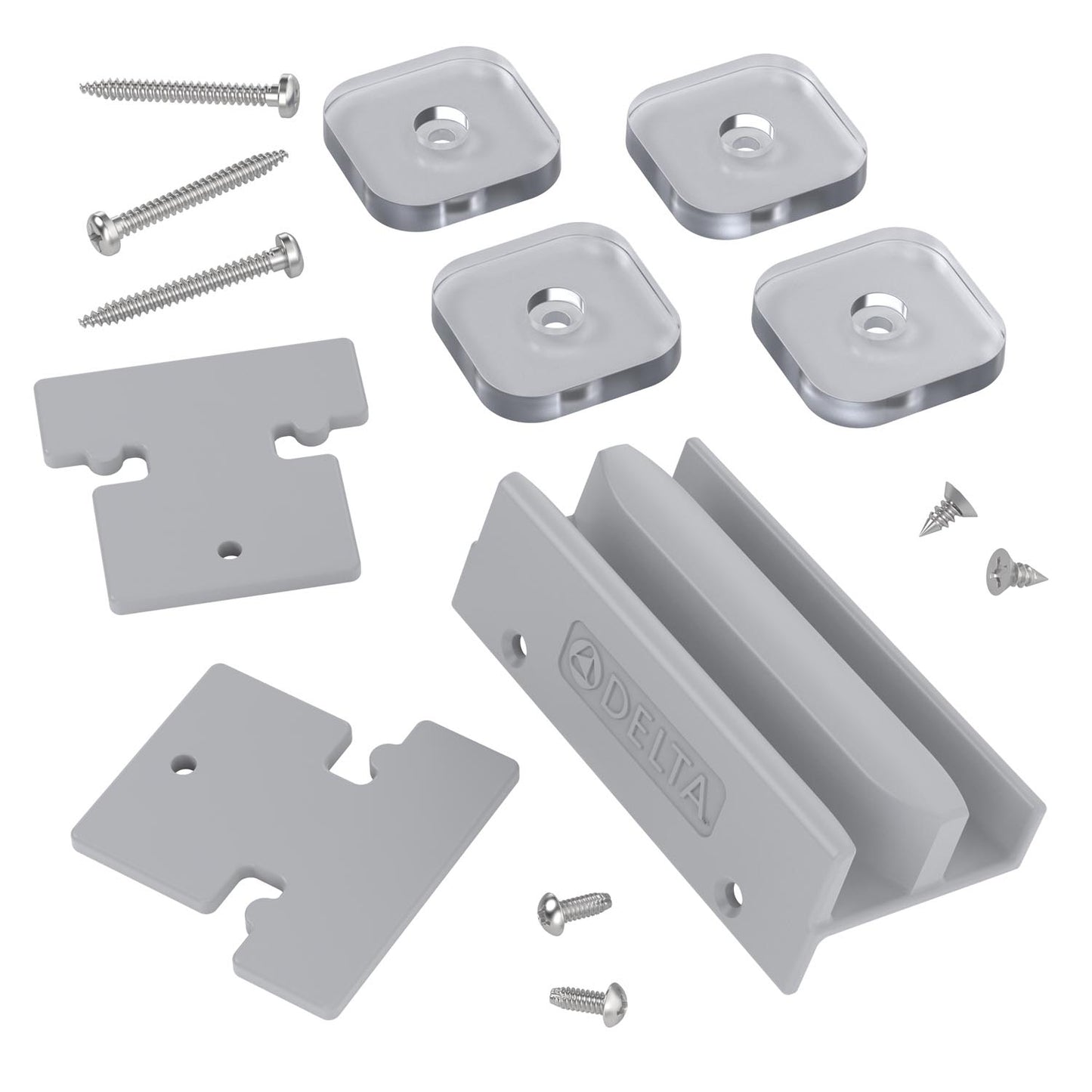 Assorted hardware pieces for shower door installation, including plastic brackets, silver metal screws, and clear glass pieces