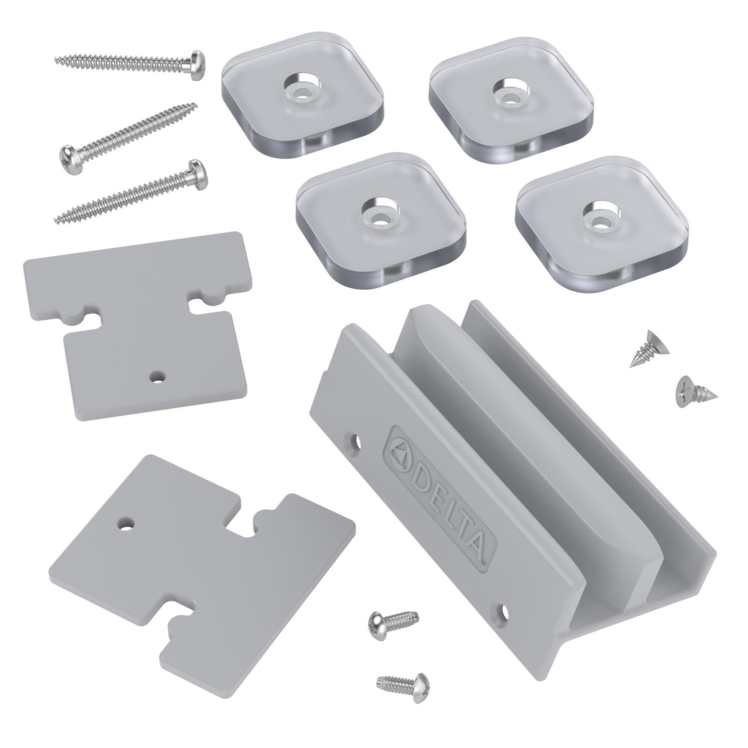 Assorted hardware pieces for shower door installation, including plastic brackets, silver metal screws, and clear glass pieces