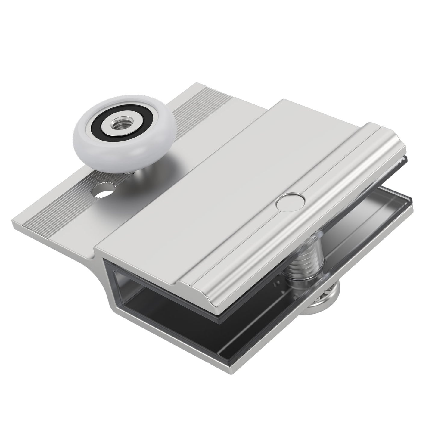 Glass door closer with spring mechanism on a white background