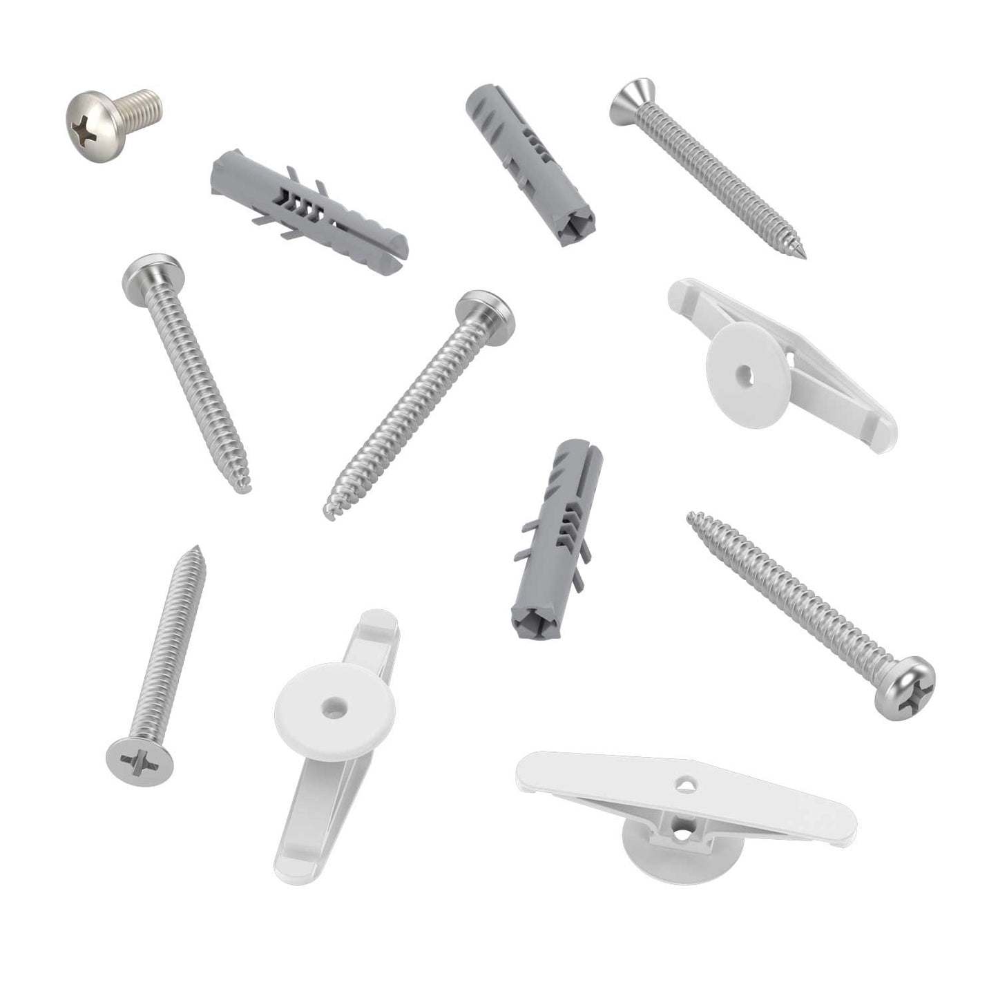 Set of screws and mounting brackets on a white background