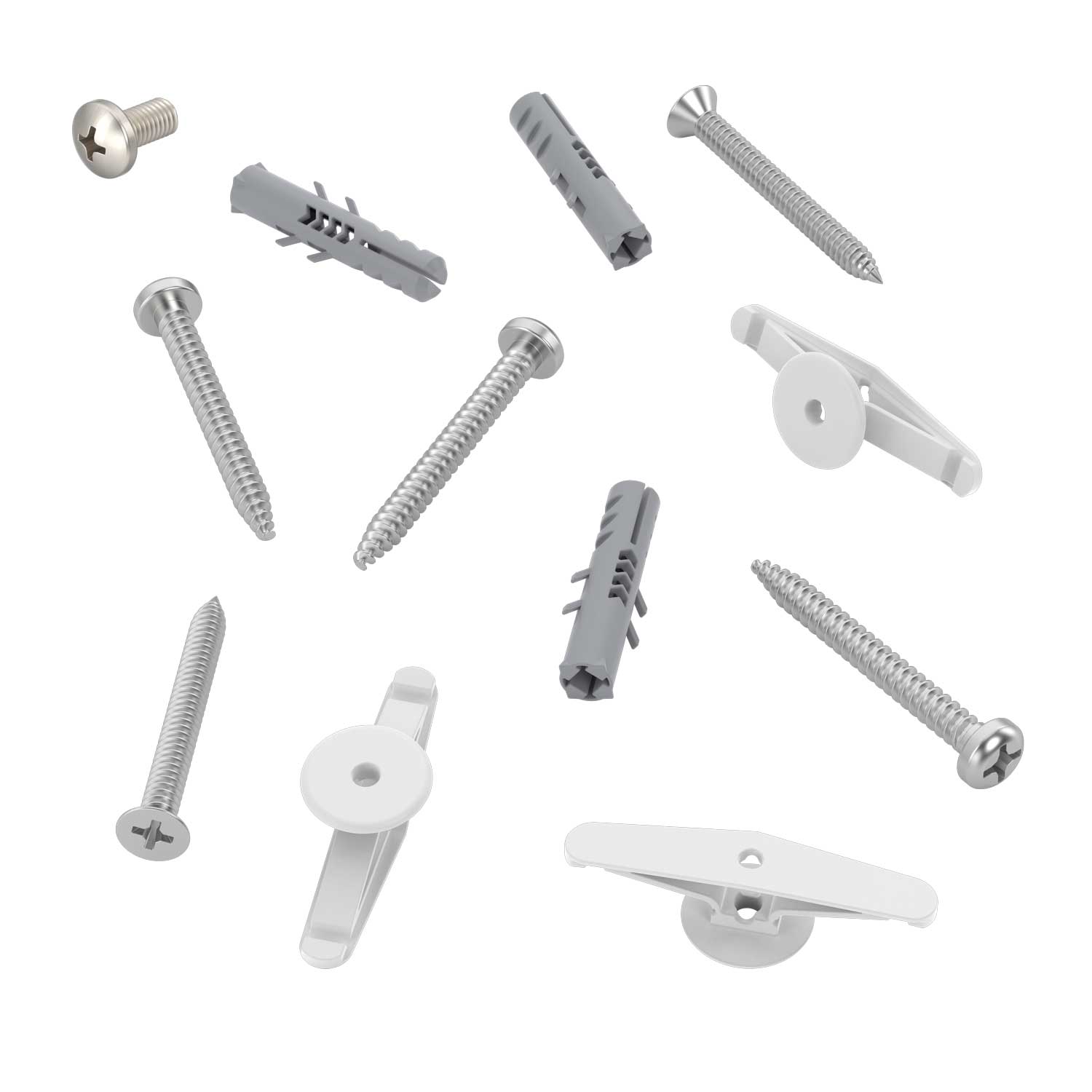 Set of screws and mounting brackets on a white background
