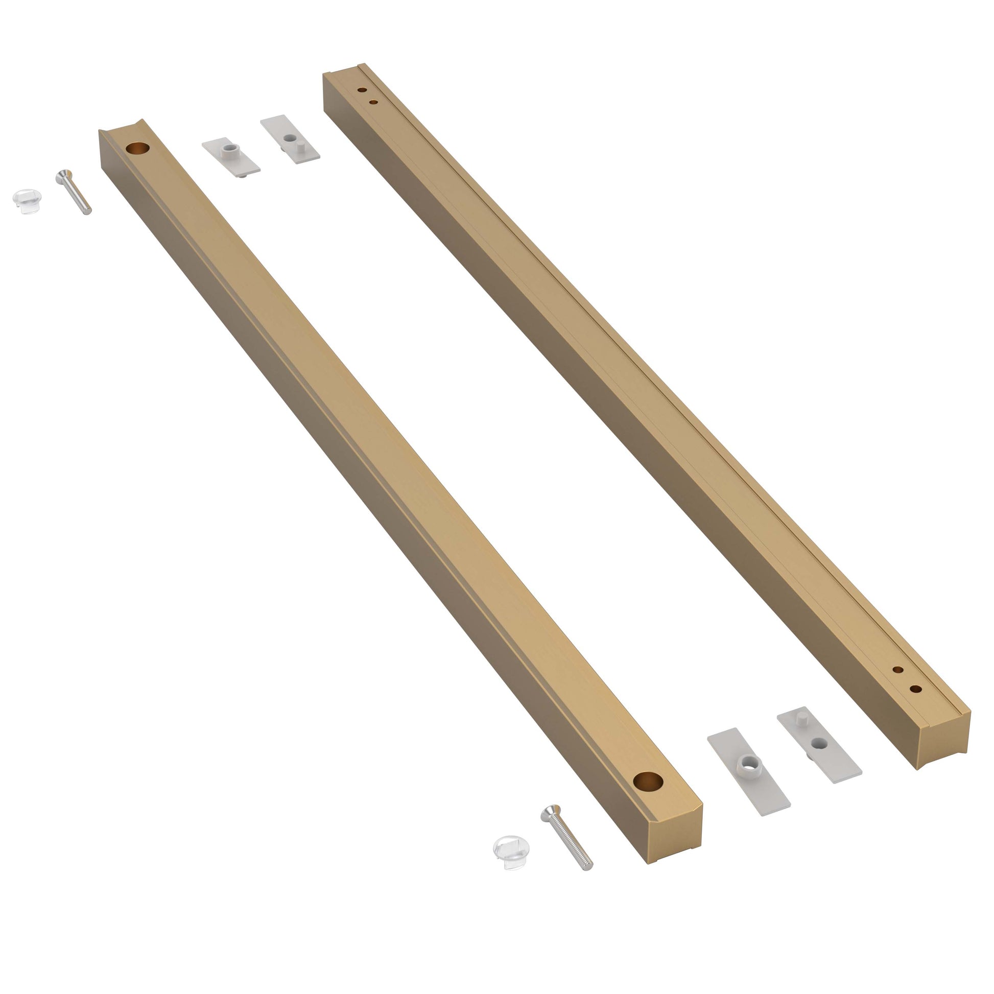 Two gold metal brackets on a white background
