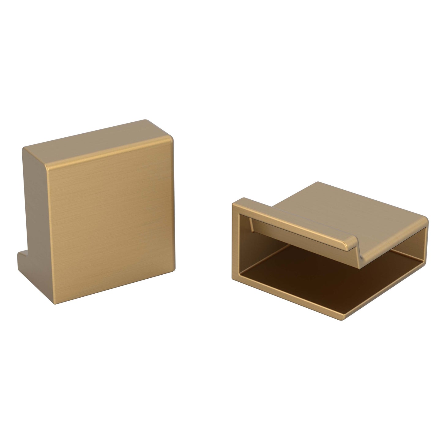 Two gold-colored metal brackets on a white background