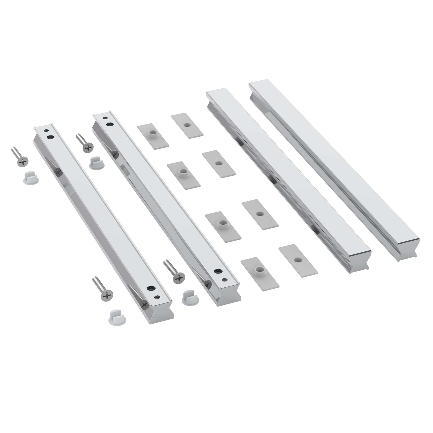 Set of metal brackets and screws on a white background