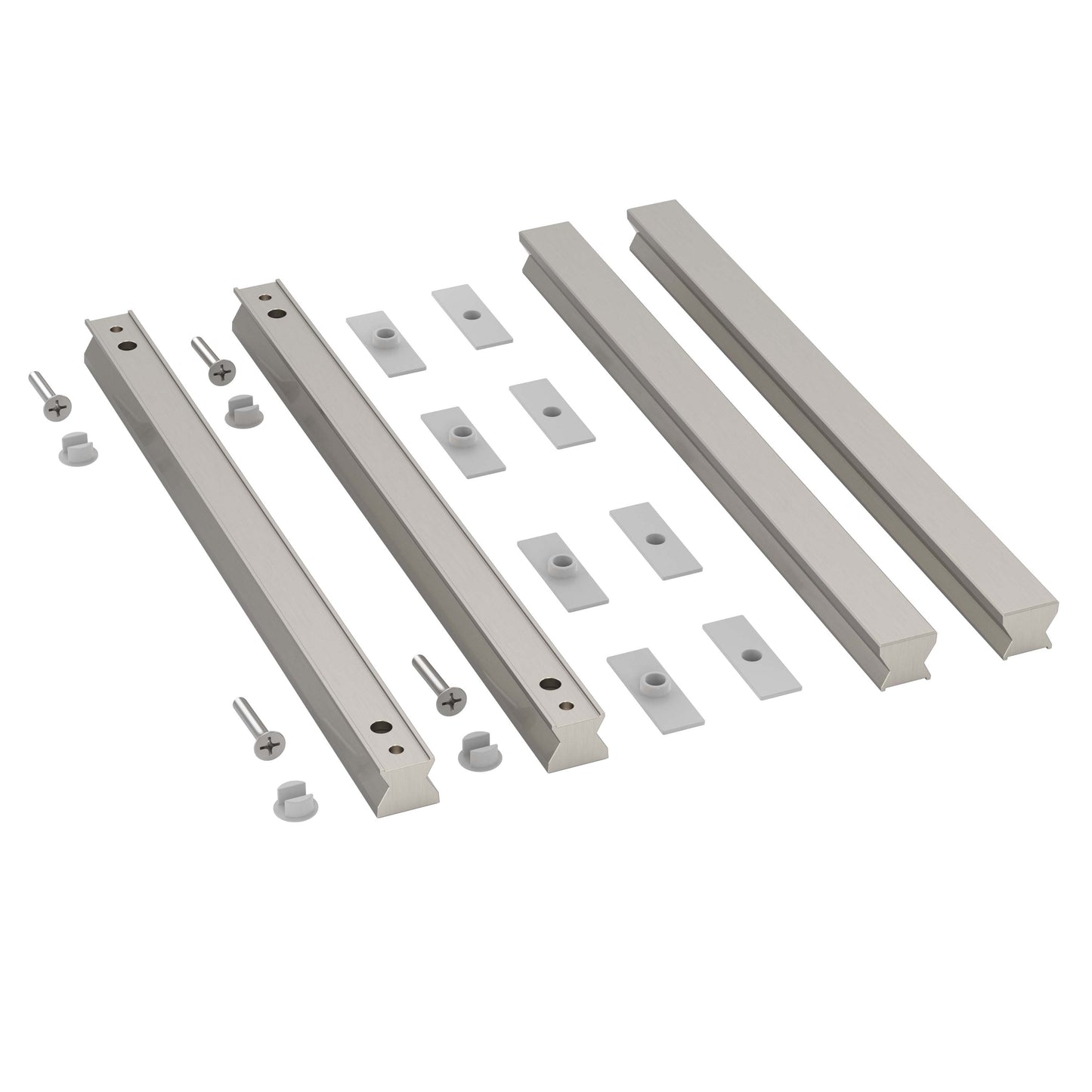 Set of metal brackets and fasteners on a white background