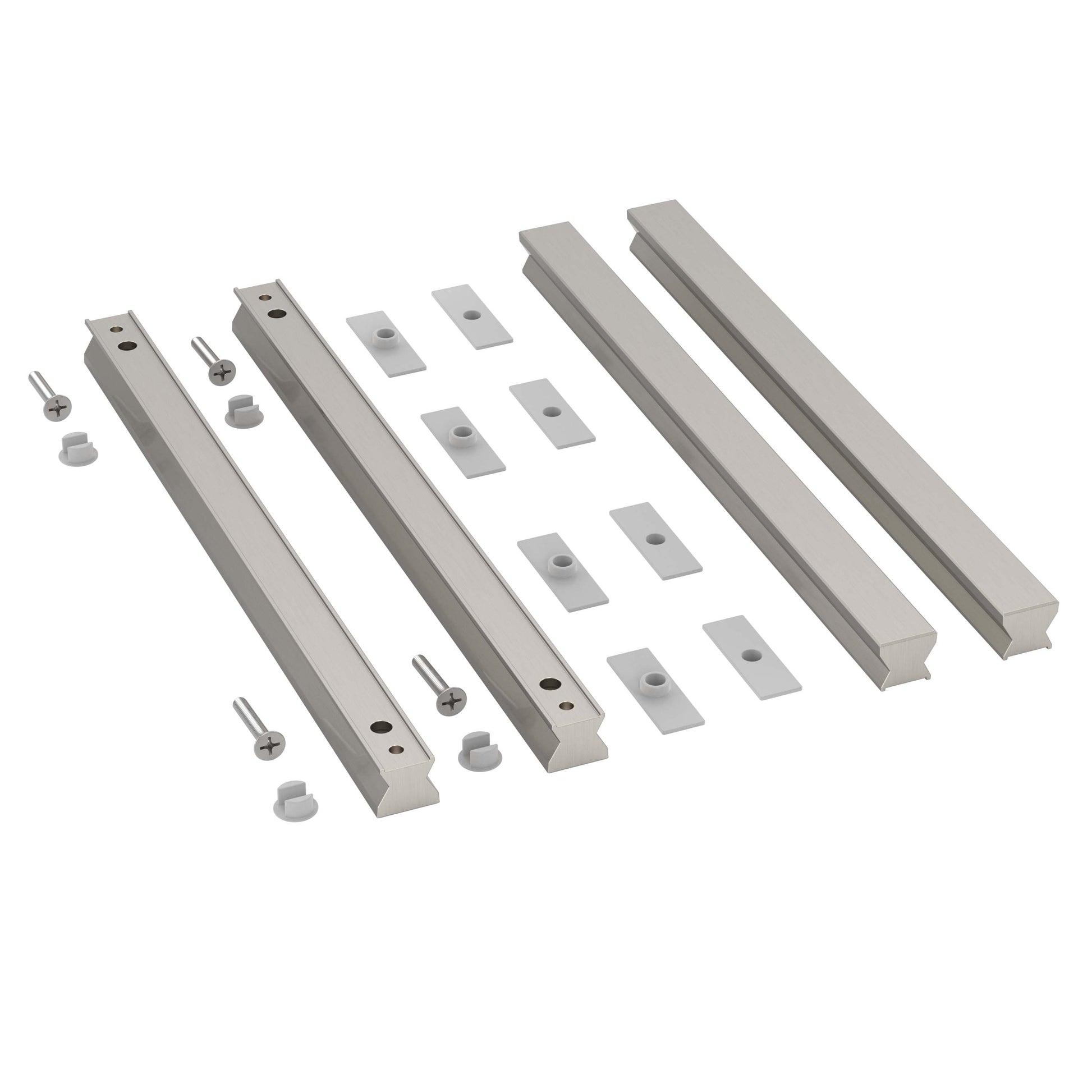 Set of metal brackets and fasteners on a white background