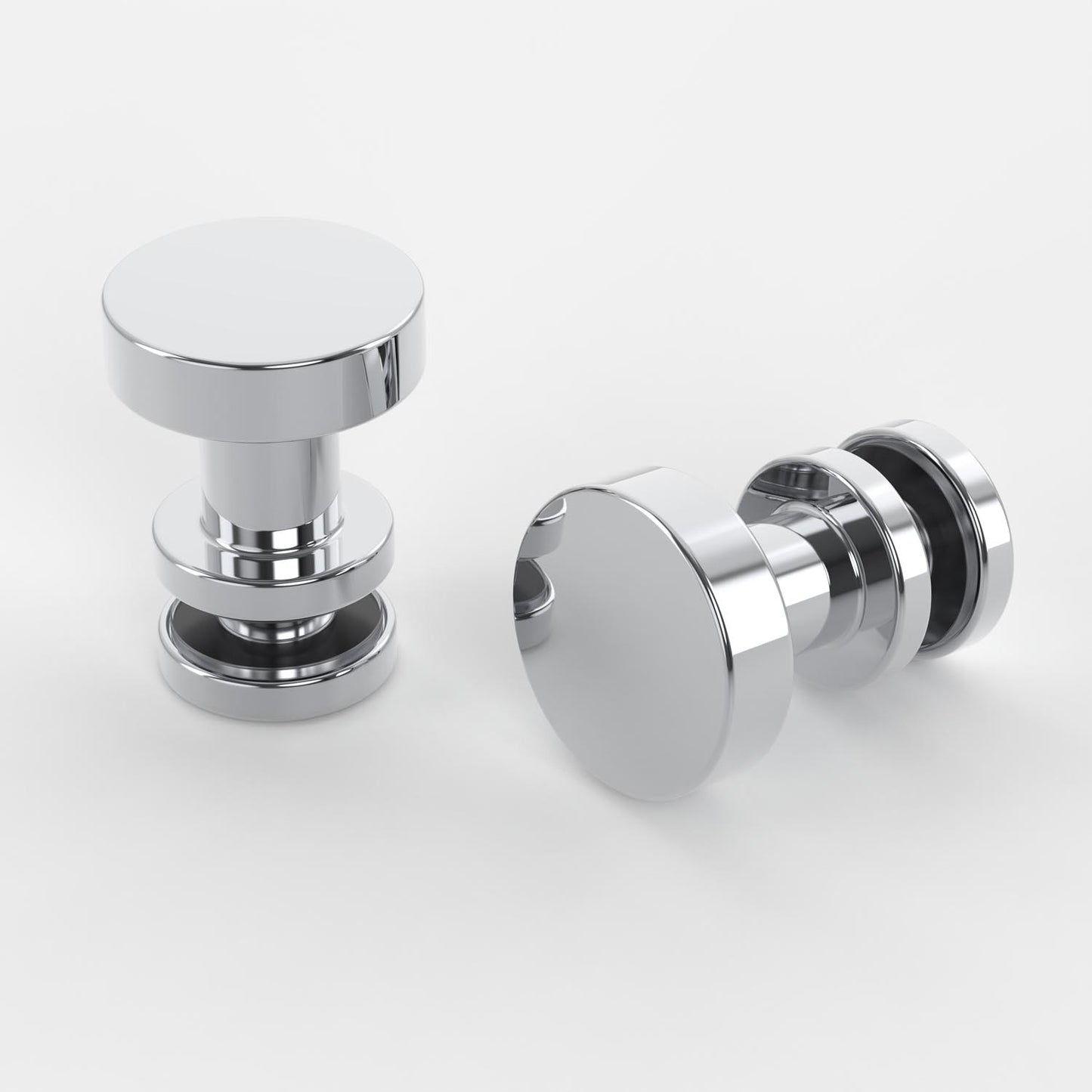 Two polished chrome Luxe Track replacement knobs on a white background