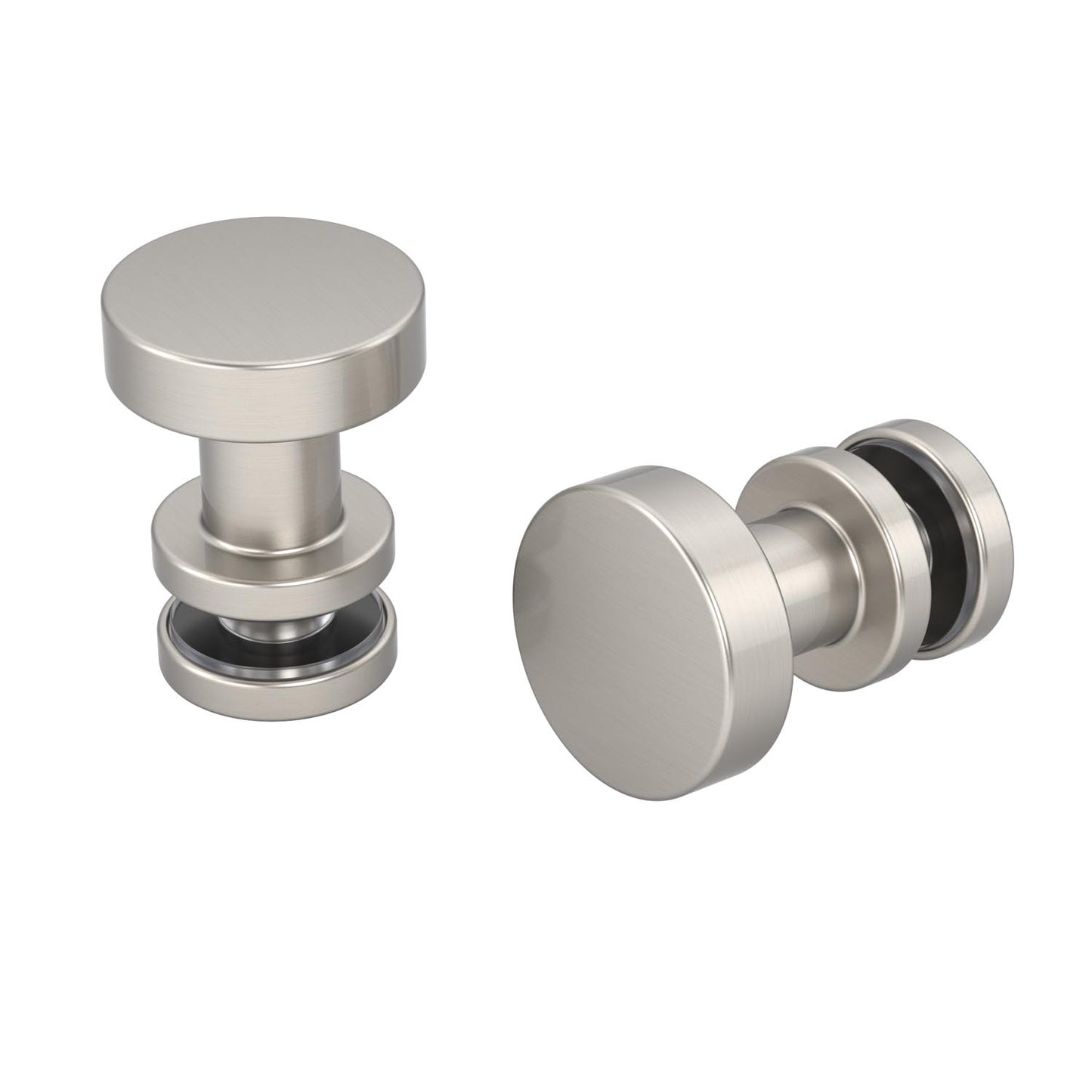 Two satin nickel Luxe Track replacement knobs on a white background