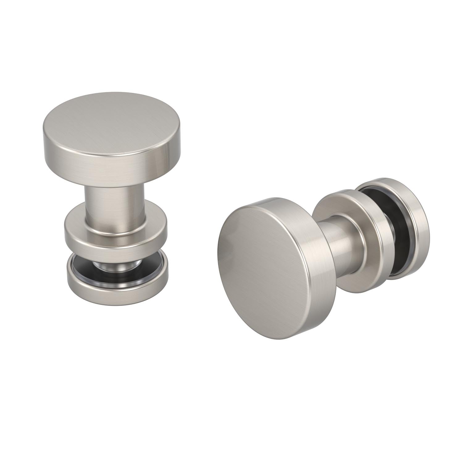 Two satin nickel Luxe Track replacement knobs on a white background