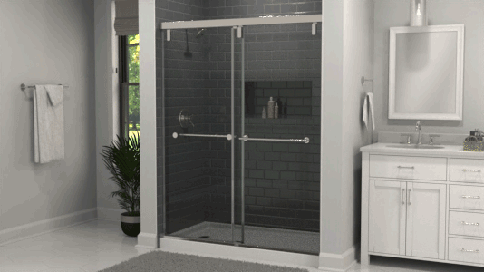 Animated gif showing glass shower doors bypassing one another in a bathroom setting