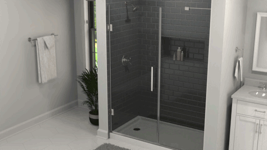 Animated gif showing a hinged glass shower door opening and closing