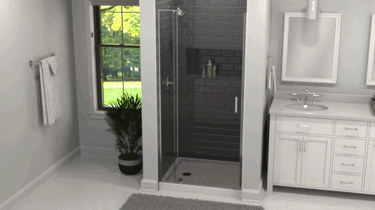 Animated gif showing a pivoting glass shower door